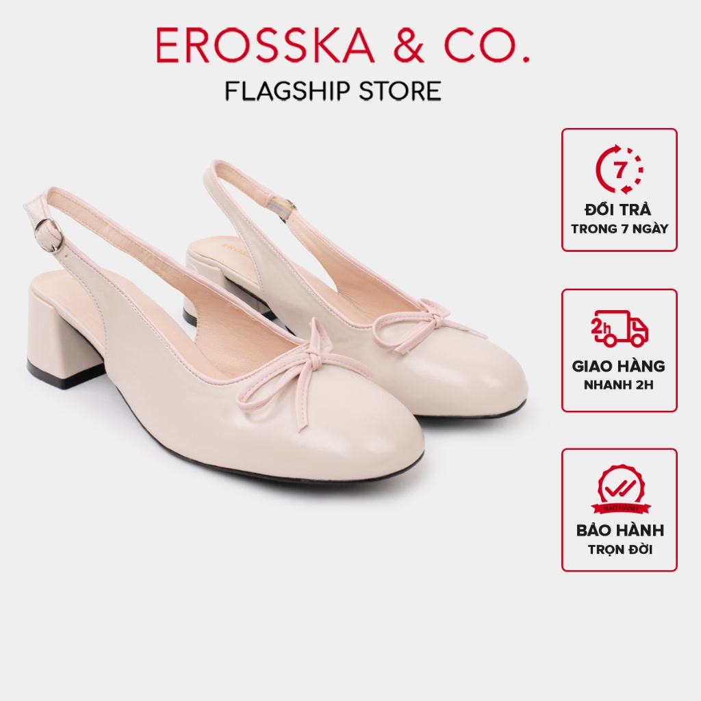 Erosska - Giày cao gót nữ mũi tròn phối nơ kiểu dáng dễ thương cao 5cm màu kem - EL054