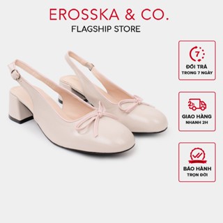 Erosska - Giày cao gót nữ mũi tròn phối nơ kiểu dáng dễ thương cao 5cm màu kem - EL054