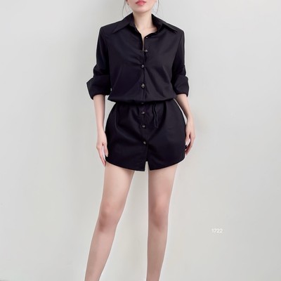 Đầm sơ mi linen nút trước tay dài đệm vai kèm dây buộc thanh lịch Callene (L2827)
