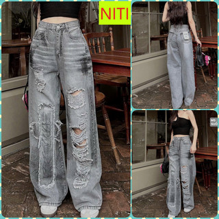   ORTD5825  QUẦN JEANS ỐNG RỘNG NỮ LƯNG CAO RÁCH ĐÙI KÈM CHỮ THẬP TUA MÀU XÁM NHẠT SIÊU XỊN SÒ CHẤT CHƠI 