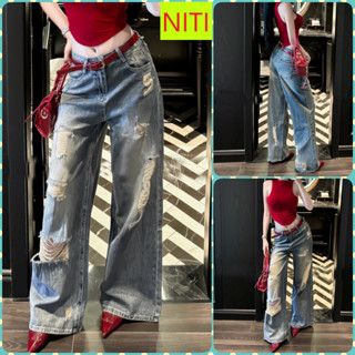  ORDM5038  QUẦN JEANS ỐNG RỘNG NỮ LƯNG CAO RÁCH CÀO MẢNG ĐÙI NHIỀU KÈM RÁCH SAU XANH ĐẬM LAI CUỐN CÁ TÍNH 