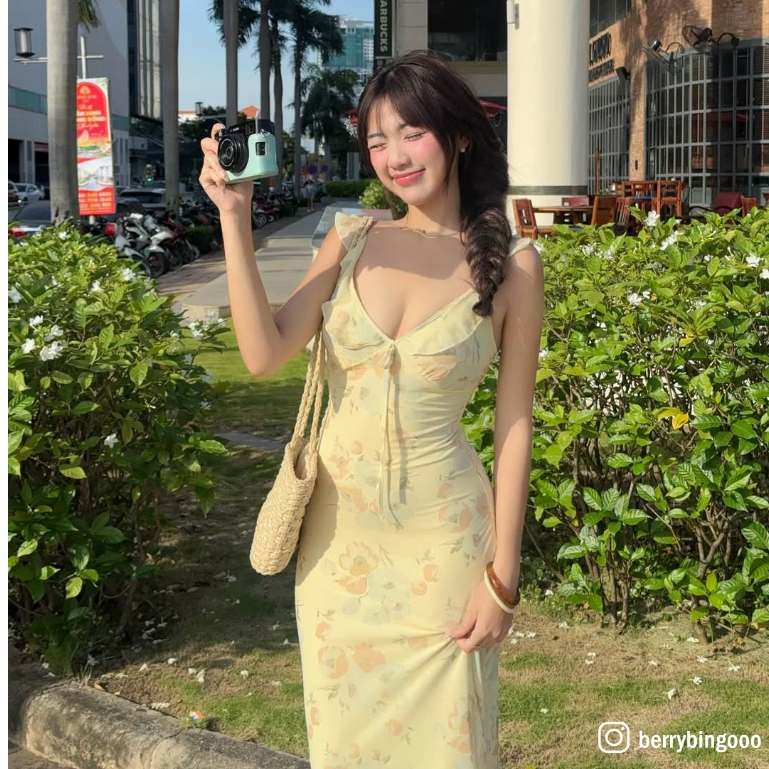 [CÓ SẴN] Váy Dài Hoa Vàng Viền Bèo Dáng ôm Phong cách Hàn Quốc 🌸 (EC01) | BigBuy360 - bigbuy360.vn