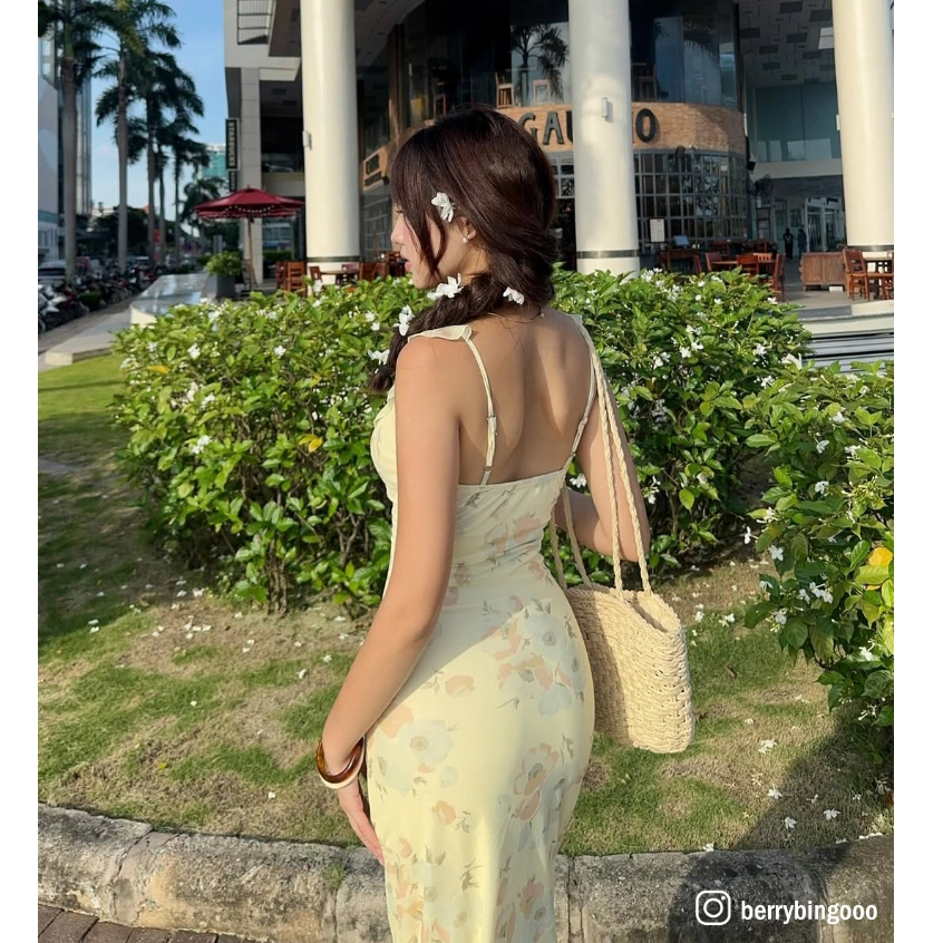 [CÓ SẴN] Váy Dài Hoa Vàng Viền Bèo Dáng ôm Phong cách Hàn Quốc 🌸 (EC01) | BigBuy360 - bigbuy360.vn