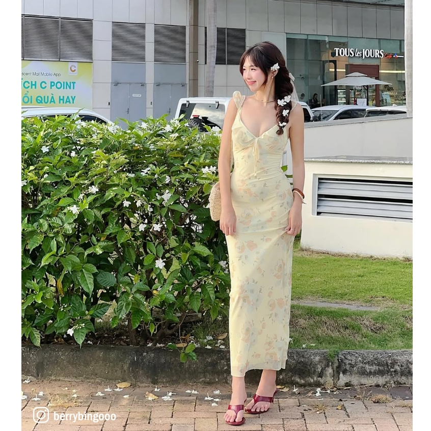 [CÓ SẴN] Váy Dài Hoa Vàng Viền Bèo Dáng ôm Phong cách Hàn Quốc 🌸 (EC01) | BigBuy360 - bigbuy360.vn