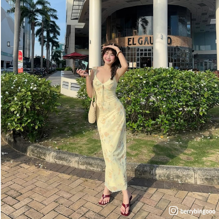 [CÓ SẴN] Váy Dài Hoa Vàng Viền Bèo Dáng ôm Phong cách Hàn Quốc 🌸 (EC01) | BigBuy360 - bigbuy360.vn