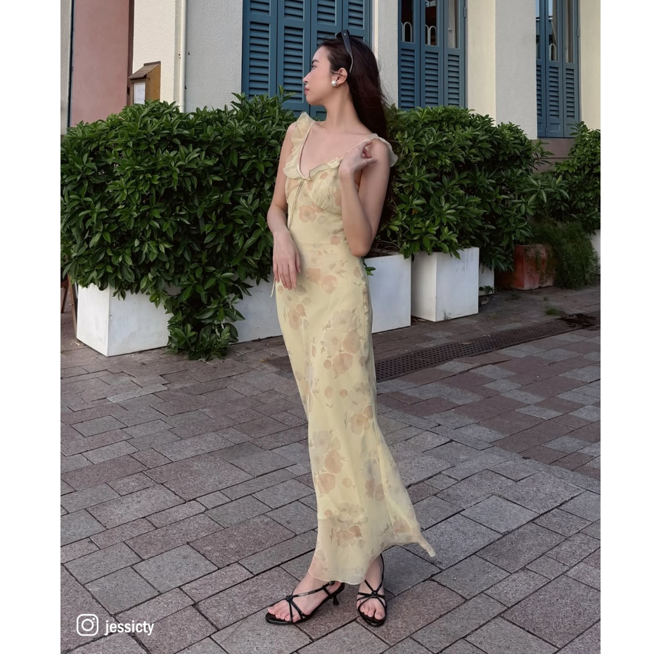 [CÓ SẴN] Váy Dài Hoa Vàng Viền Bèo Dáng ôm Phong cách Hàn Quốc 🌸 (EC01) | BigBuy360 - bigbuy360.vn