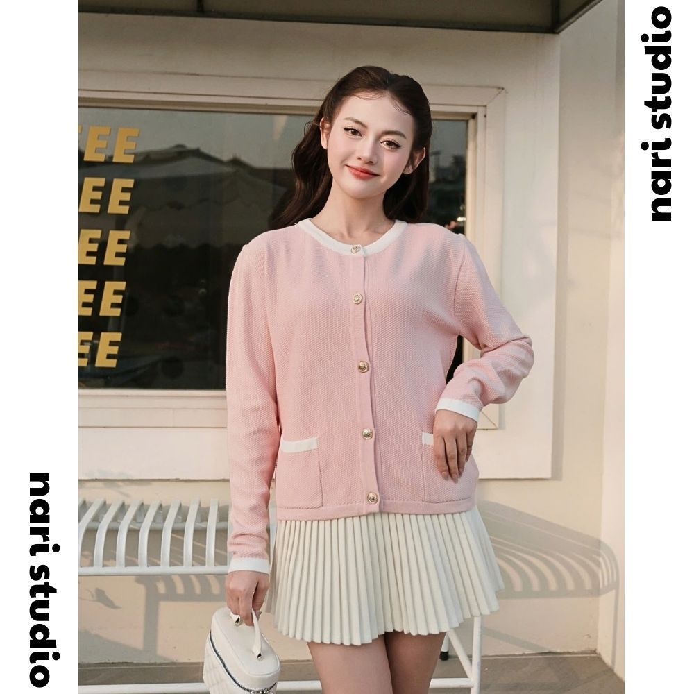 Áo khoác cardigan len nữ dài tay cổ tròn kiểu hàn màu đen phối viền trắng túi trước phong cách hàn quốc NARI CD832