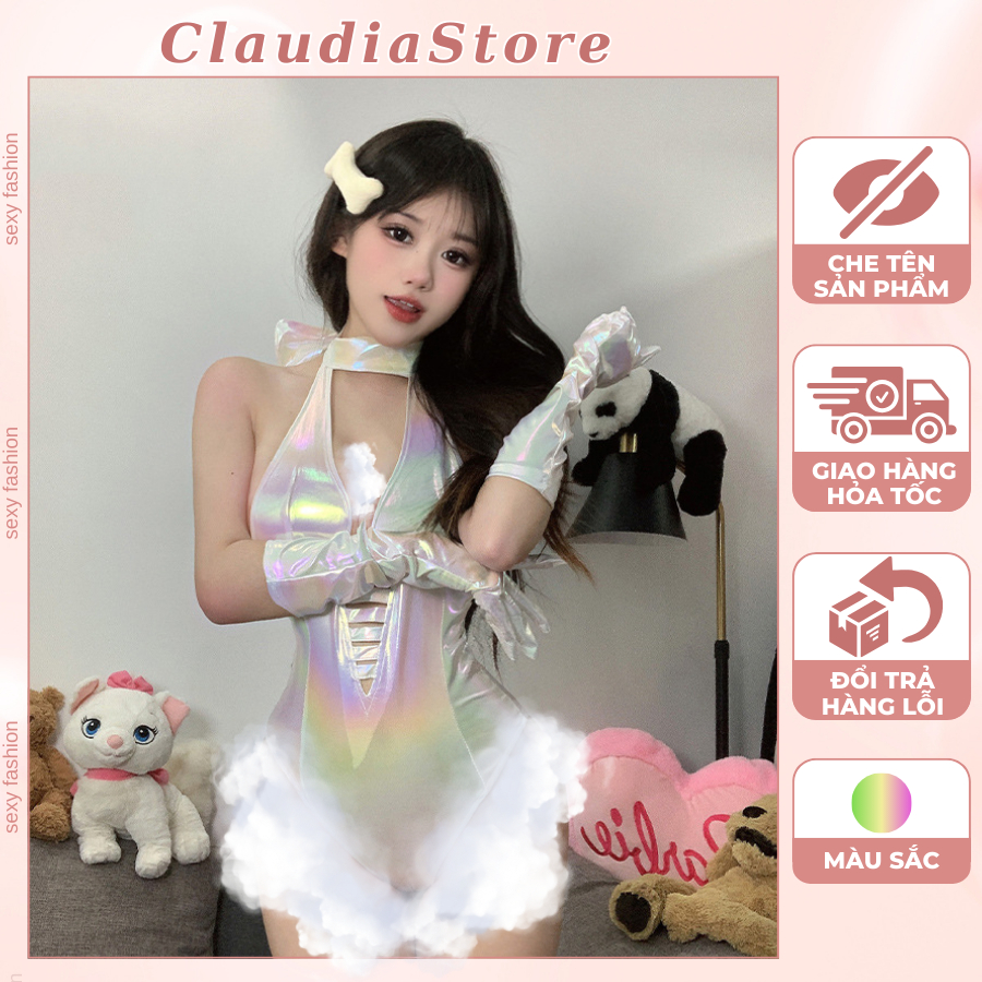 Bộ Đồ Ngủ Nữ Bodysuit Da Bóng JS59 CHE TÊN – Set Áo Liền Quần Kèm Tất Và Bờm Sexy, Đồ Ngủ Gợi Cảm Qu