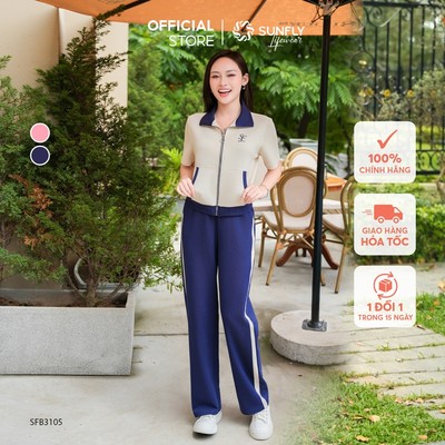 Set đồ nữ poly cotton 2da áo cộc kéo khóa không mũ quần dài trẻ trung, bộ dạo phố xinh xắn , thanh lịch SUNFLY SFB3105