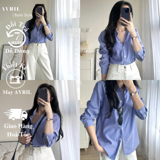 Áo sơ mi sọc xanh kẻ trắng nữ dài tay form suông rộng công sở kiểu Hàn chất cotton xịn mã SMKS 01