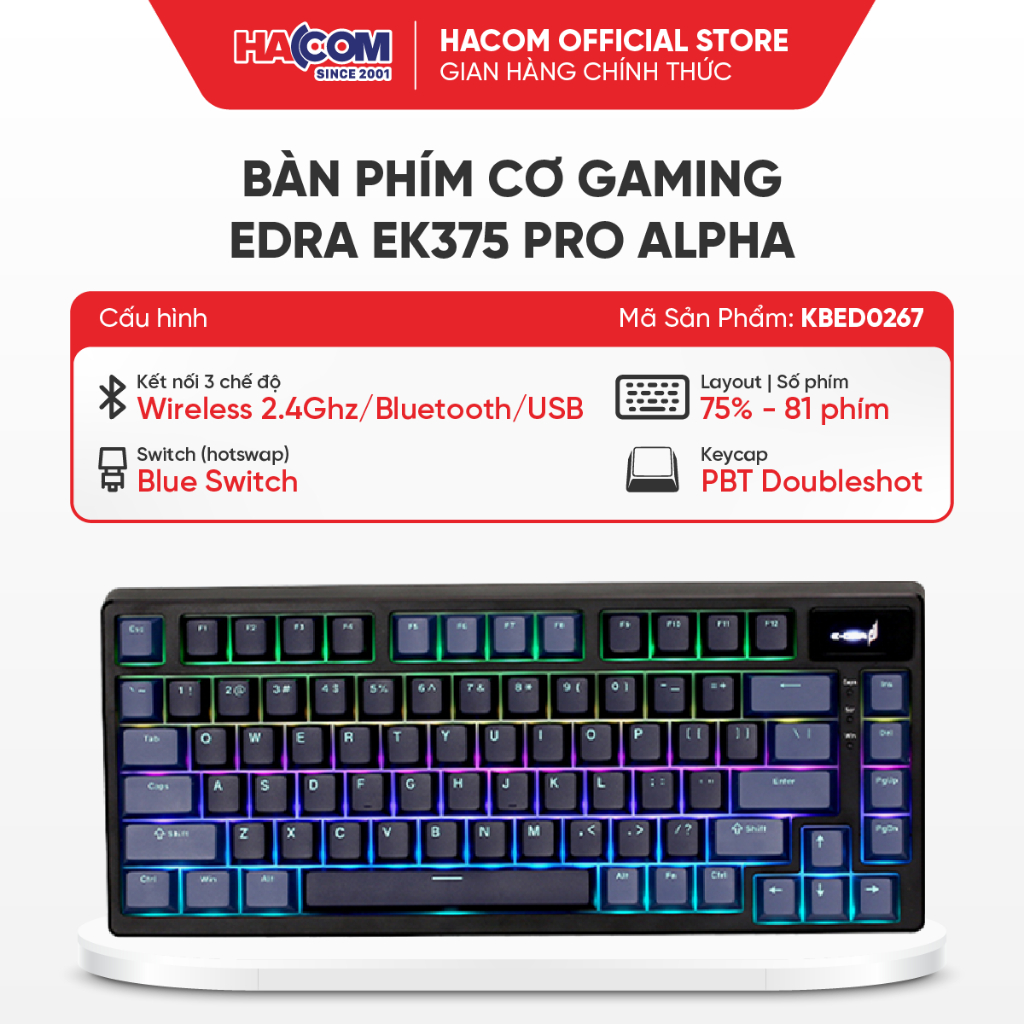 Bàn Phím Cơ Gaming Edra Ek375 Pro Alpha Blue Switch (Usb/Bluetooth/2.4Ghz) HACOM PC