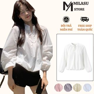 Áo Sơ Mi Cổ Đứng Dài Tay Chất Liệu Gió Nhăn Milasu Áo Dài Tay Kiểu Dáng Bồng Kéo Khoá Mềm Mịn 466 
