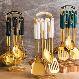  Bộ Muỗng Môi. Bộ Dụng Cụ Nhà Bếp Bằng Inox,Mạ Vàng Cán Sứ Ceramic. 