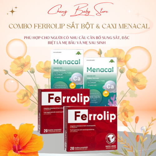Sắt Sinh Học Ferrolip - Canxi EU tảo biển Menacal combo 4 hộp (2 hộp sắt - 2 hộp canxi) - tặng 1 hộp