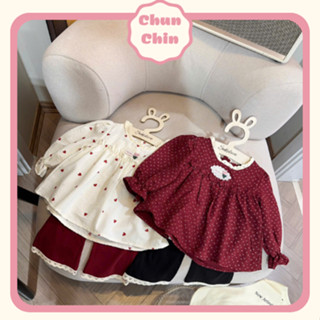 S254 Chun Chin | Set Áo Babydoll Hoa Tiết Quần Loe Viền Ren Cho Bé Gái 9-21kg