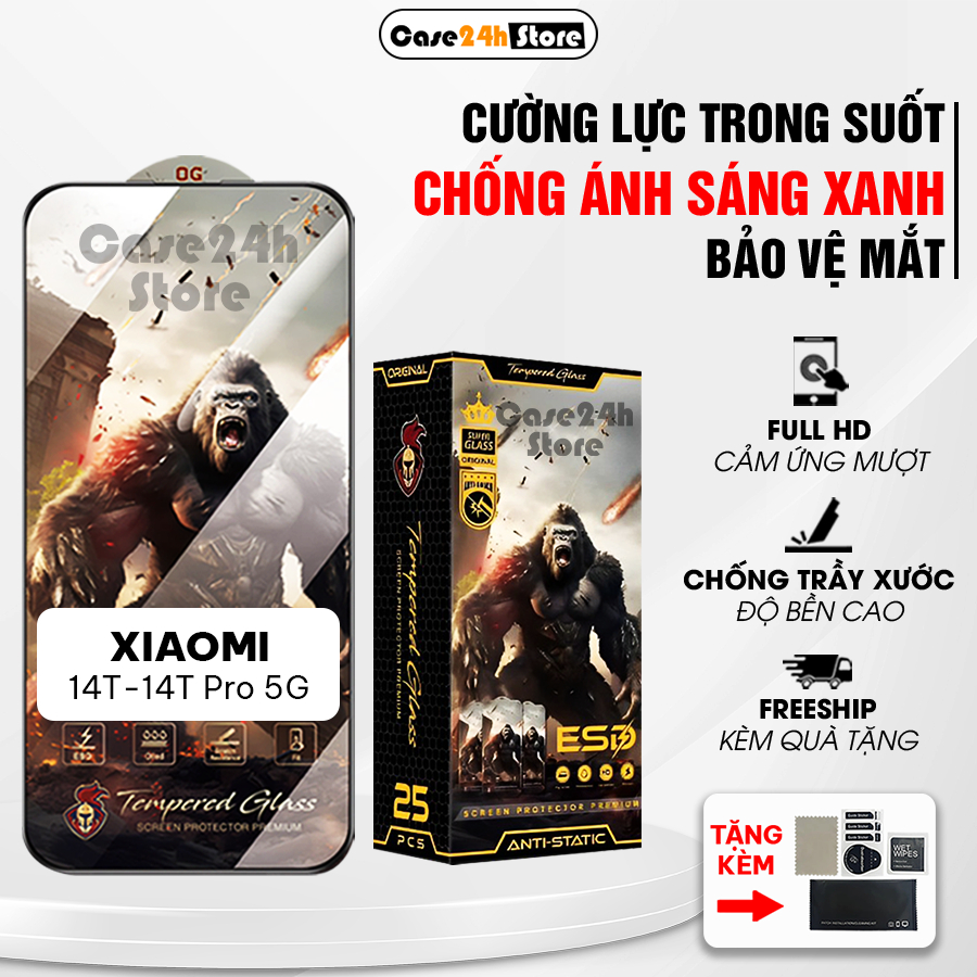 Kính cường lực Xiaomi 14 5G, 14T, 14T Pro trong suốt full màn, chống ánh sáng xanh - Case24H_Store