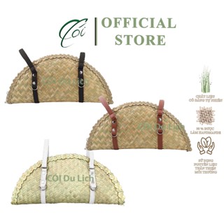 Túi cói hình bán nguyệt – túi mây tre đeo vai, viền da vintage đi biển