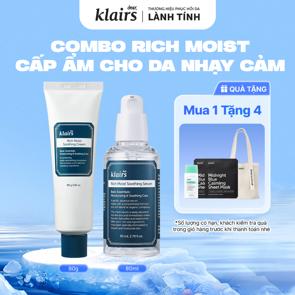 Combo Dear, Klairs tinh chất Rich Moist Soothing Serum 80ml + Dear, Klairs Kem dưỡng Rich Moist Soothing Cream 80g