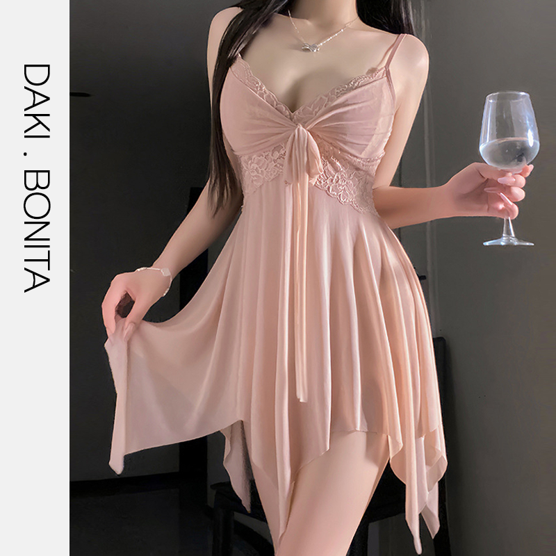 Bộ đồ váy ngủ vải xuyên thấu sexy DK365 kiểu đầm 2 dây kèm quần lót gợi cảm | BigBuy360 - bigbuy360.vn