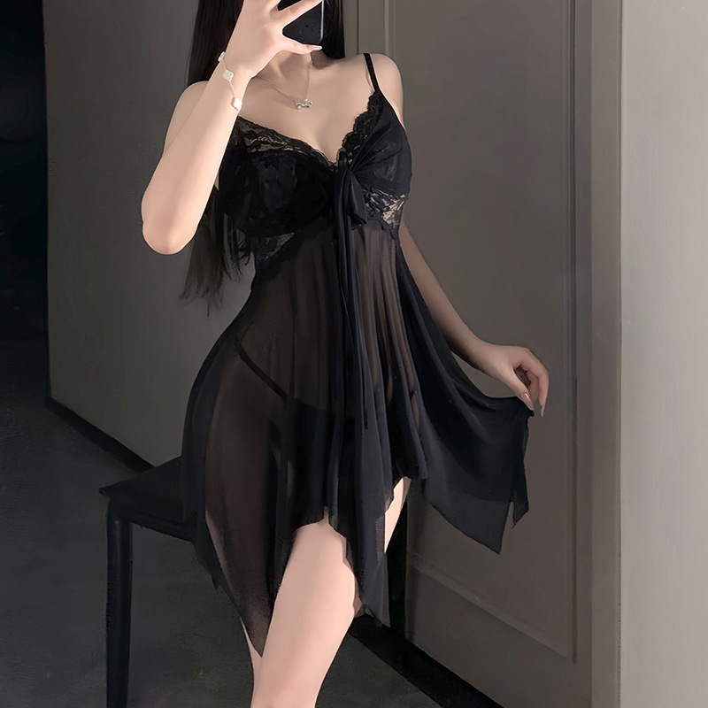 Bộ đồ váy ngủ vải xuyên thấu sexy DK365 kiểu đầm 2 dây kèm quần lót gợi cảm | BigBuy360 - bigbuy360.vn
