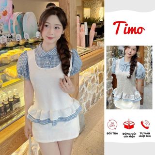  Áo sơ mi tay phồng nữ phối kẻ caro dáng peplum cổ búp bê form chuẩn dễ phối đồ AOT060 