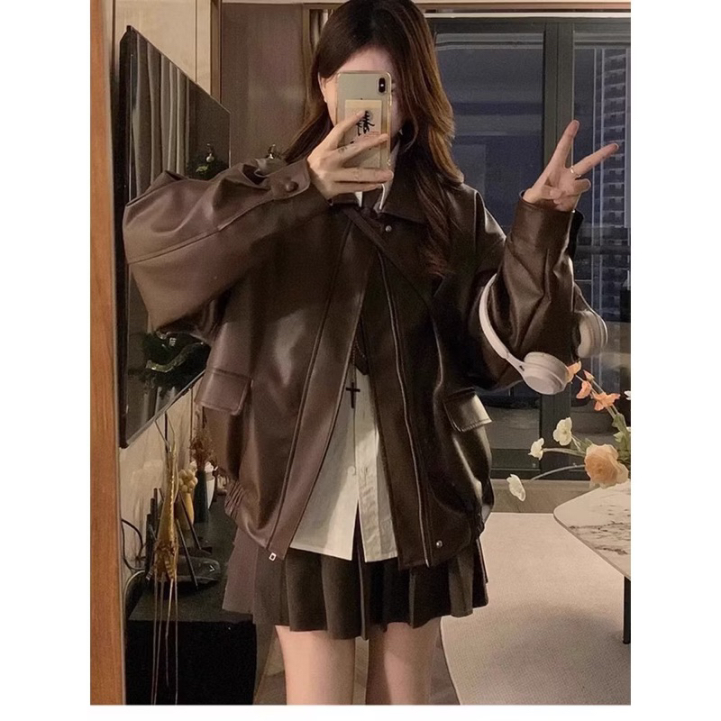 [HÀNG LOẠI 1/ SẴN] ÁO KHOÁC DA BIKER FORM RỘNG QC 2 LỚP TÚI LẮP SIÊU XINH áo bomber da bo gấu phong cách retro | BigBuy360 - bigbuy360.vn
