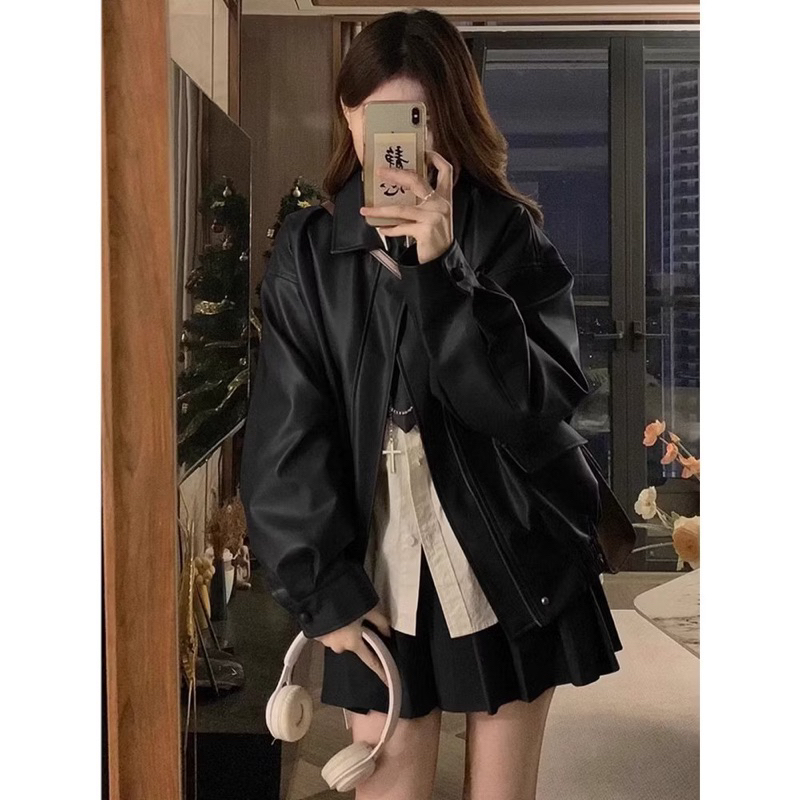 [HÀNG LOẠI 1/ SẴN] ÁO KHOÁC DA BIKER FORM RỘNG QC 2 LỚP TÚI LẮP SIÊU XINH áo bomber da bo gấu phong cách retro | BigBuy360 - bigbuy360.vn