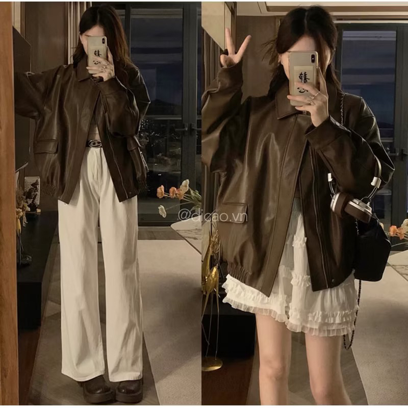 [HÀNG LOẠI 1/ SẴN] ÁO KHOÁC DA BIKER FORM RỘNG QC 2 LỚP TÚI LẮP SIÊU XINH áo bomber da bo gấu phong cách retro | BigBuy360 - bigbuy360.vn