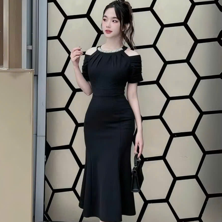 (BIG SIZE) ĐẦM NỮ THIẾT KẾ DỰ TIỆC DẠNG BODY, CỔ ĐÍNH ĐÁ, HỞ VAI NHẸ NHÀNG, THANH LỊCH