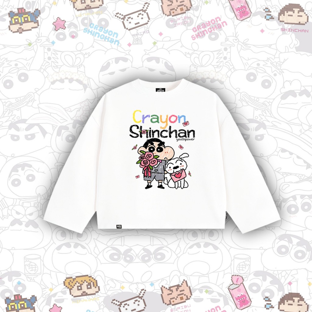 Áo Thun Boxy CRAYON SHINCHAN YOUTHPOWER Form Rộng Nam Nữ Oversize Unisex Cotton 2 Chiều 250gsm Cổ Tròn Local Brand Việt - Trắng Tay Dài SHIN-2
