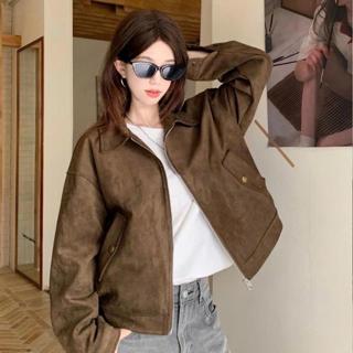 (HÀNG QC) CÓ BIGSIZE - Áo khoác da lộn nâu phối túi hộp #0869 HAVANA AK112