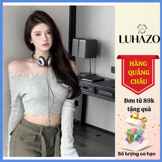Áo kiểu len mỏng LUHAZO nữ phối rách dệt kim dài tay ôm body trễ vai dáng ngắn cá tính lệch vai LUCKY L58 HL-14.3