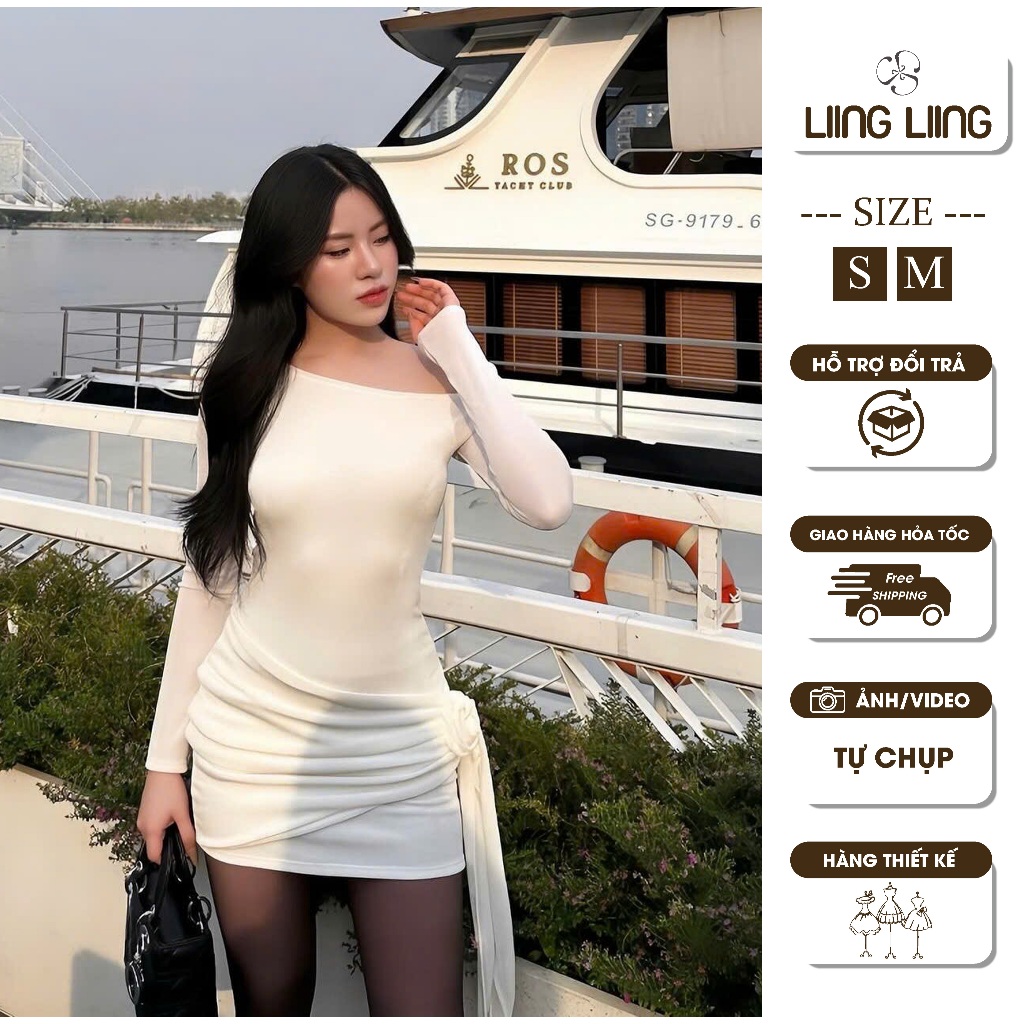 Đầm Ôm Body Nữ Lệch Vai Dài Tay, Váy Ngắn Dự Tiệc, Đi Chơi Chất Thun Dệt Kim 2 Lớp Co Giãn - LIING