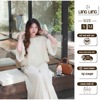 Set Áo Voan Tiểu Thư Dập Ly Phối Bèo Mix Quần Suông Dáng Dài Thanh Lịch - LIING