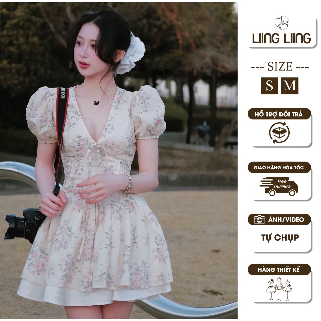 Đầm Hoa Tiểu Thư Cổ V Dáng Ngắn Thiết Kế Vai Bồng Mix Nơ Siêu Xinh - LIING