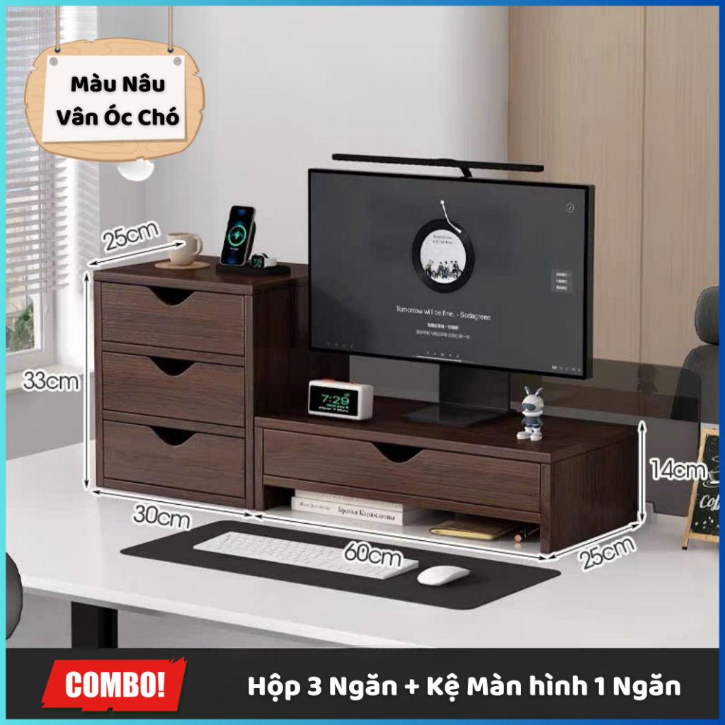 Kệ để màn hình, tủ đựng đồ gỗ có ngăn decor góc làm việc, kệ để bàn học có cánh