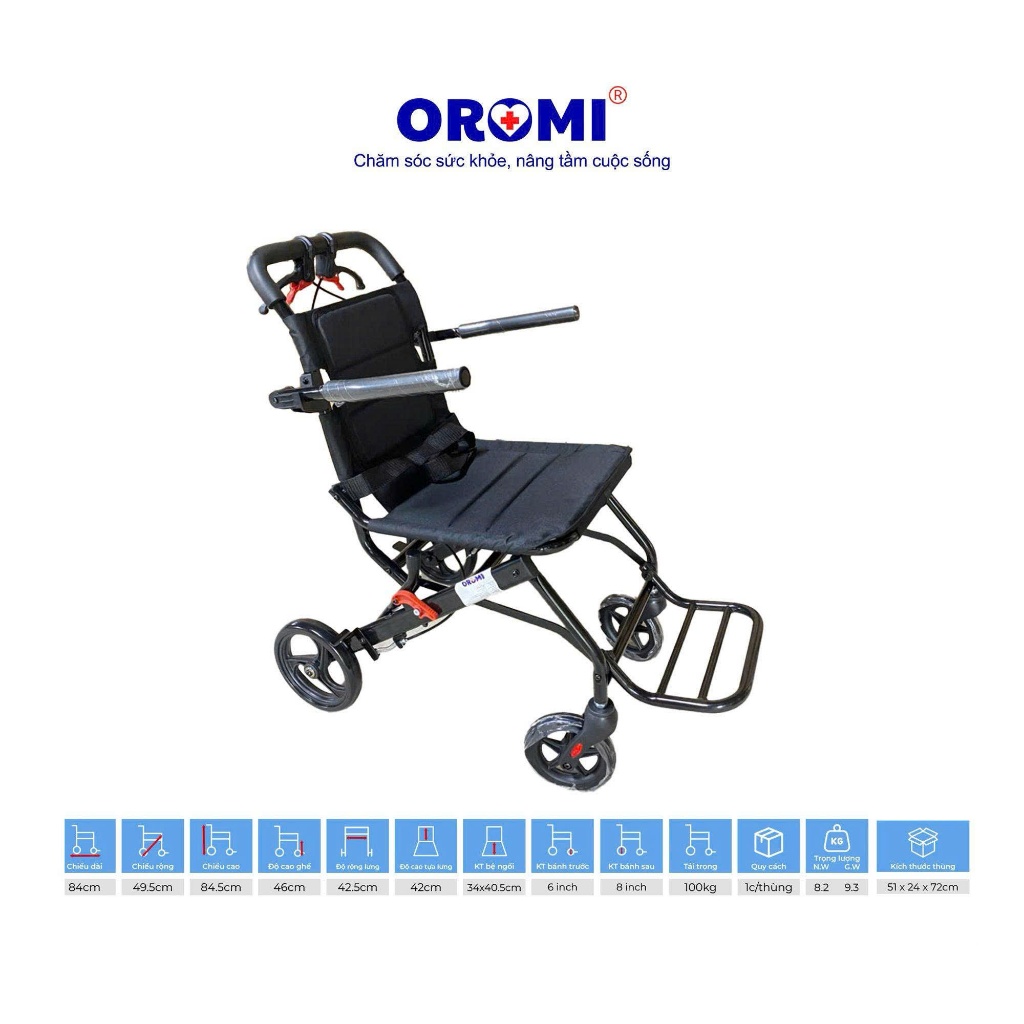 Xe lăn gấp gọn Oromi XL84S, Xe lăn du lịch gấp gọn, Xe đẩy thông minh