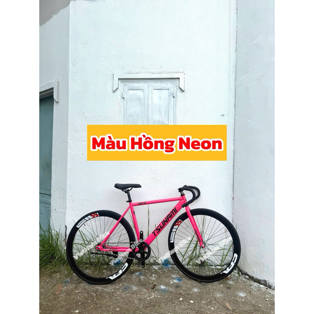 Xe đạp thể thao fixed gear tsunami & single speed hồng neon bánh đen ( Kèm dây strap và đồ lắp )