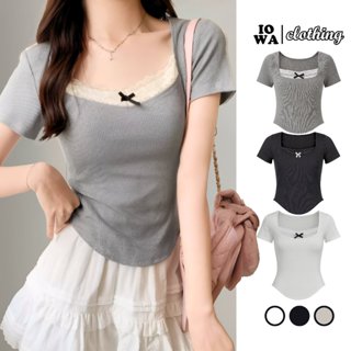 Áo Thun DÁNG DÀI CỔ VUÔNG REN NƠ Vạt Tròn Bầu Thun Gân DD60, Áo Babytee Tay Ngắn Kiểu Ôm Body Nữ IOWA