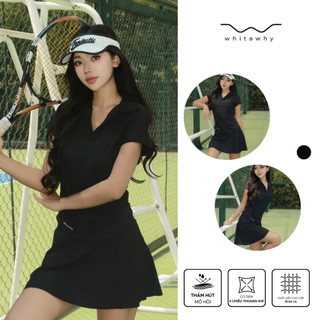  Set bộ đồ váy thể thao nữ WHITEWHY SunnyFit màu đen áo polo mix chân xòe cầu lông tennis pickleball bóng bàn 