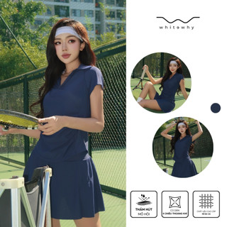  Set bộ đồ váy thể thao nữ WHITEWHY SunnyFit màu xanh than áo polo mix chân xòe cầu lông tennis pickleball bóng bàn 