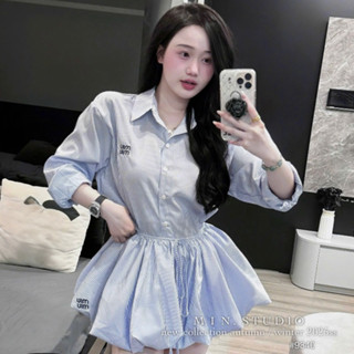 set áo sơ mi chân váy,set đồ nữ sang chảnh,bộ miu kẻ áo sơ mi dài tay chân váy bồng dễ thương UD100