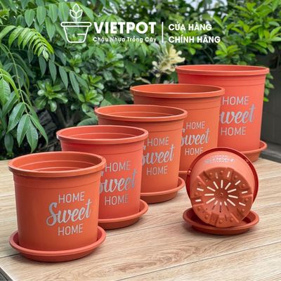 Chậu nhựa trồng cây VIETPOT, màu cam, hoa văn Sweet Home, trồng hoa kiểng lá, để nhà, sân vườn.