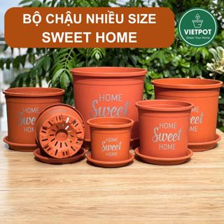  Chậu nhựa trồng cây VIETPOT màu cam hoa văn Sweet Home trồng hoa kiểng lá để nhà sân vườn. 