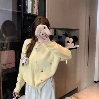   SẴN  Áo khoác len lông thỏ dáng lửng Cardigan nữ cài khuy màu vàng nhạt màu đỏ mặc ngoài váy áo sơ mi  - 118 
