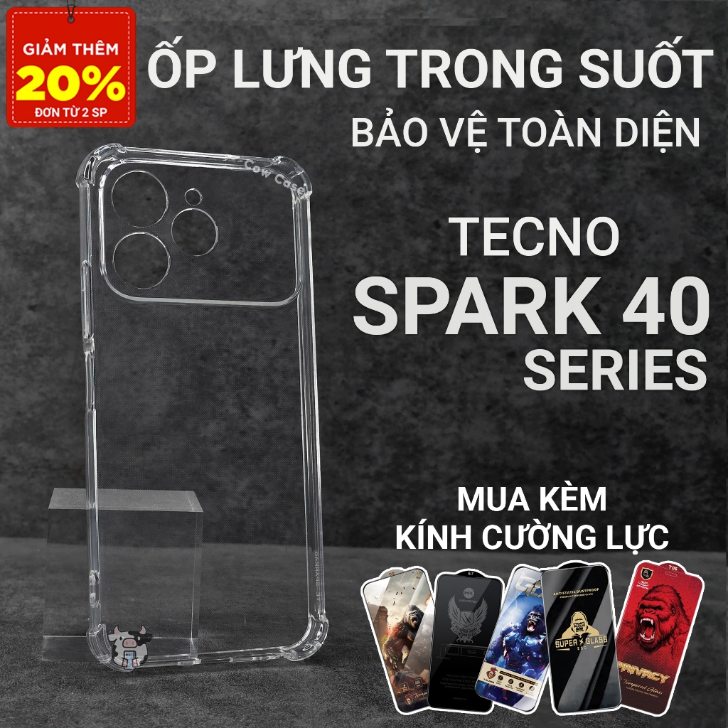 Ốp lưng Tecno Spark 40, 40C, 40 Pro Plus Cowcase trơn trong suốt | Ốp điện thoại Techno dẻo bảo vệ c