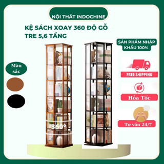 Kệ sách xoay 360 độ gỗ tre 5,6 tầng , giá đựng sách xoay vuông thông minh