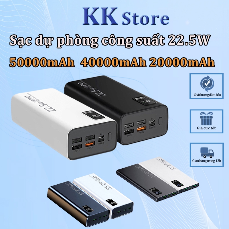 Sạc Nhanh PD 22.5W - Bộ sạc 20000mAh 40000mAh 50000mAh, Màn Hình LED Hiển Thị Pin