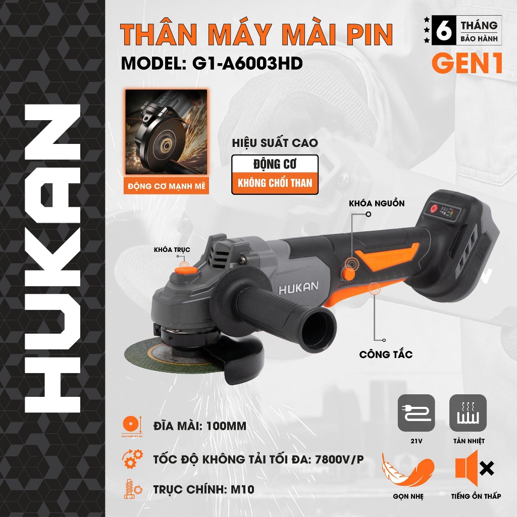 Máy mài pin HUKAN G1-A6003HD, 3 Mức chỉnh tốc độ, Không chổi than - Chân pin phổ thông M21