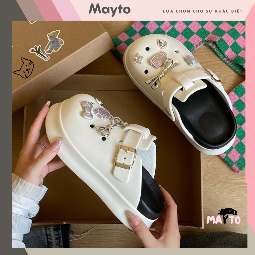 Dép nữ, dép sục Mayto đế cao 5cm kèm charm Mèo nơ bạc SR V2 kiểu sandal dễ thương năng động CS-199